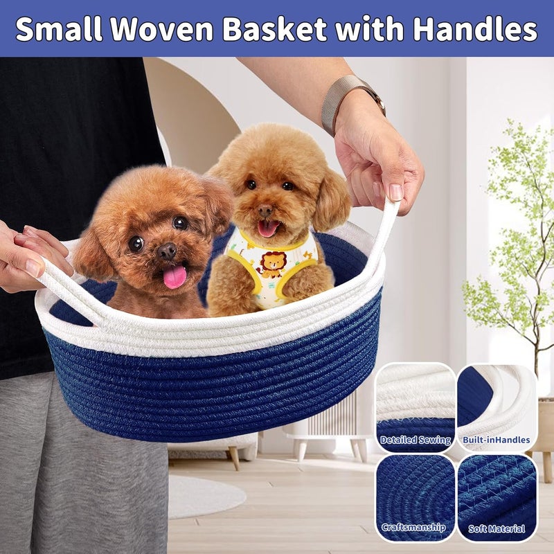 Yeeeasy Small Woven Basket with Gift Bags and Ribbons Cute Baskets for Gifts Empty 12"x8"x5" Small Rope Toy Basket for Babies Baskets for Storage, White & Navy Blue - Image 5